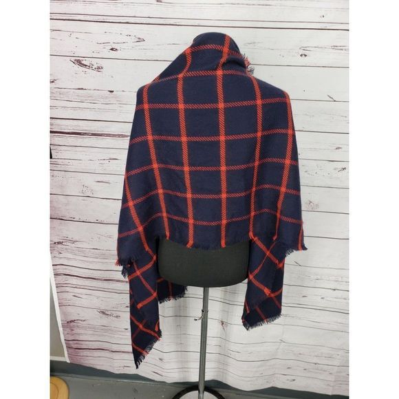 Merona Red Navy Blue Checkered Plaid Winter Blanket Scarf - Picture 4 of 10